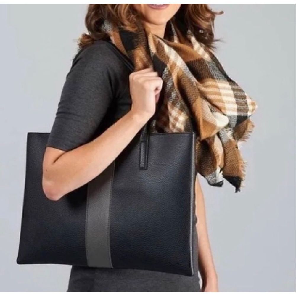 Vince Camuto Vegan Leather Black Gray Stripe Tote Bag New!